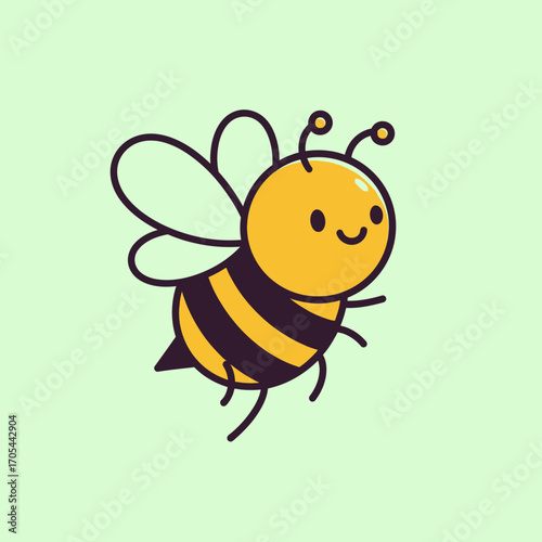 A charming, hand-drawn cartoon bee with a cheerful expression gracefully flies across a soft, pastel green background, embodying nature's joy.