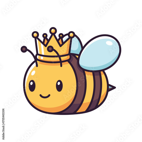 A charming cartoon queen bee wearing a golden crown, depicted in a cute and friendly vector illustration for various design projects.