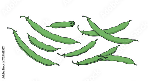 Fresh Green Beans Scattered on White Background.