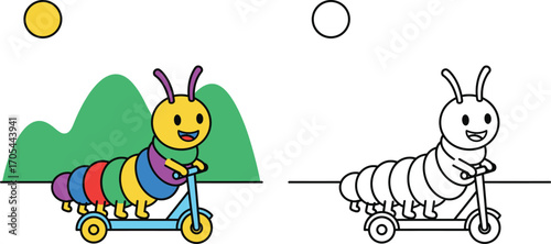 Cute cartoon caterpillar riding scooter