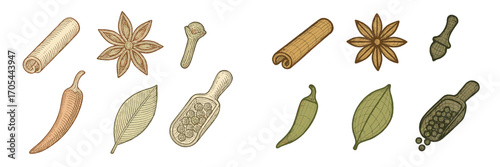 Assortment of aromatic cooking spices and herbs including cinnamon, star anise, chili, bay leaf, and peppercorns