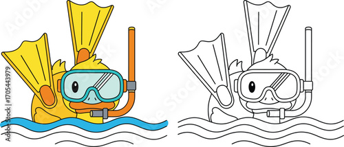 Cute cartoon duck snorkeling with flippers and diving mask in water