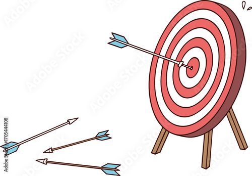 Dart hitting the bullseye on a red target board symbolizes a successful shot in the sport of competition archery