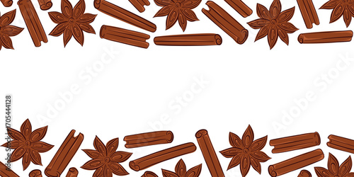 Cinnamon sticks and star anise in flat style decorative frame for packaging, recipe book, menu design and seasonal baking or spice themed design.