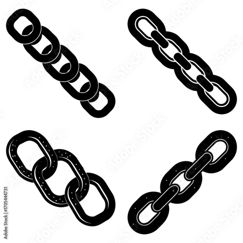 Illustration of four black chains with varying links and orientations on a white background surface