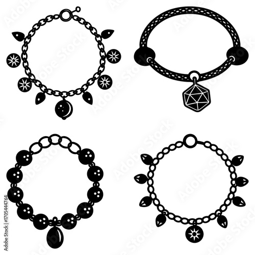 Collection of four distinct bracelets featuring various charms and bead styles in black and white design