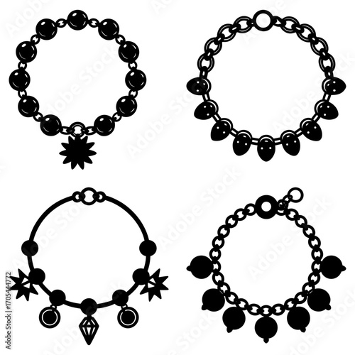 Illustration of four different bracelets with various beads and charm designs in black and white style