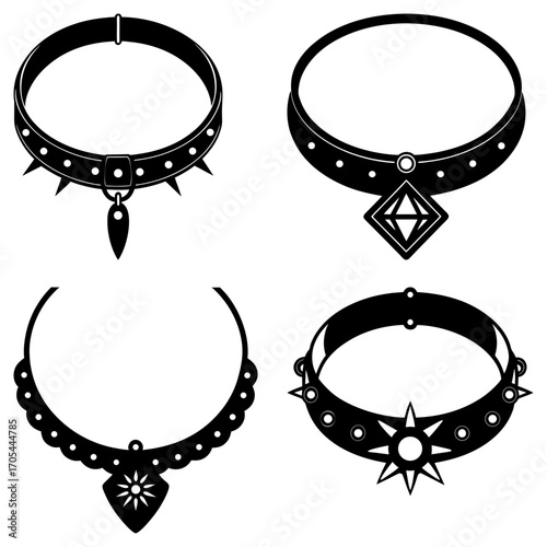 Four stylized black and white collars with pendants in varying shapes and decorative elements shown