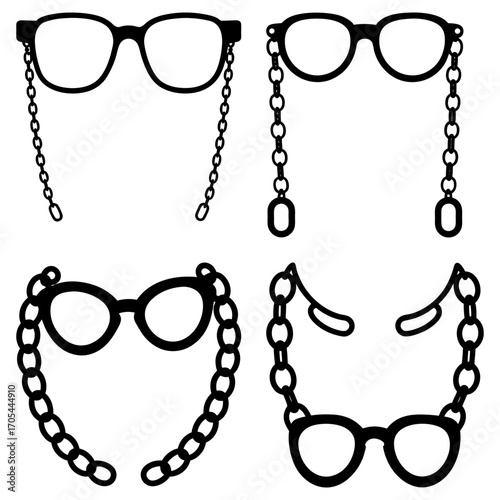 Four different styles of eyeglasses with chains attached to the frames in a vector illustration