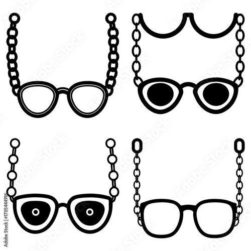 Four different styles of eyeglasses with chain attachments in a black and white graphic design