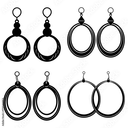 Four pairs of earrings with different designs including hoops and beaded elements in black and white style