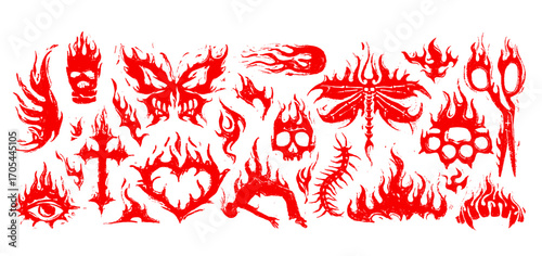 Fiery dark symbols set with skulls, flames, cross, heart and eye, gothic brutalism and grunge punk graphics