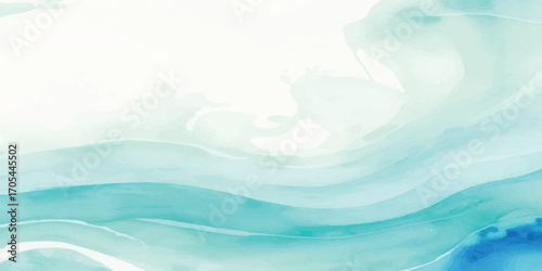 Abstract watercolor ocean with clouds reflecting the clear blue sky on a calm day