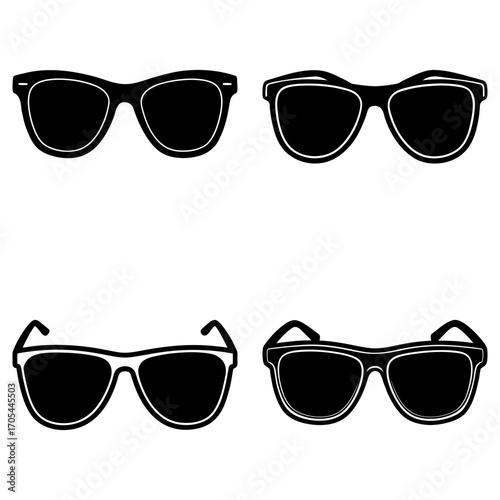 Four pairs of sunglasses in various styles arranged in a square pattern on a white background image