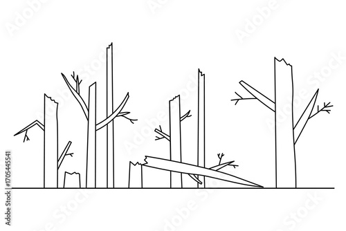 Forest broken, Dry trees as environmental problem, deforestation, climate change. Care for nature, soil erosion, desertification. Hand drawn vector illustration on isolated background. Ink doodle 
