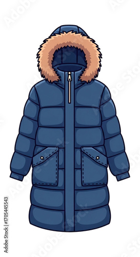 Blue Puffer Coat with Fur Hood Illustration.