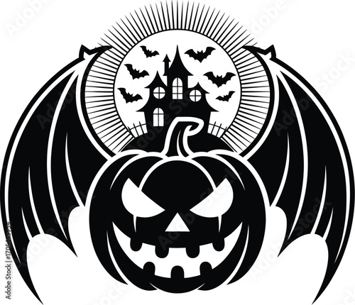 Spooky halloween emblem bat wings jack o lantern haunted house moon rays scary holiday design element pumpkin with skull