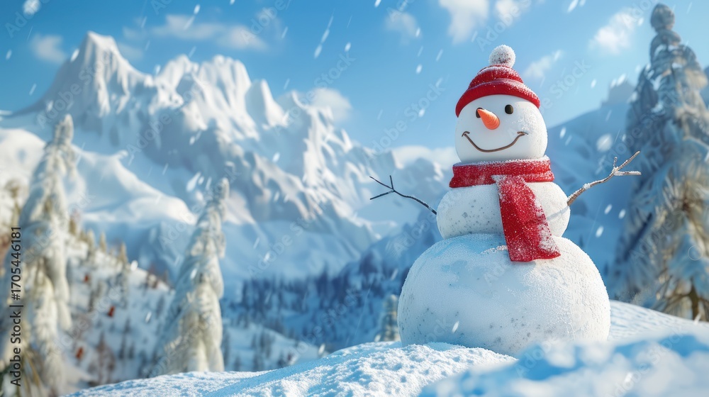 Fototapeta premium Cheerful snowman in a winter wonderland with snow-capped mountains backdrop