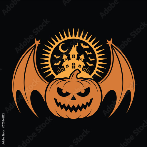 A scary Halloween pumpkin vector illustration with an evil jack-o-lantern face and dark October decorations