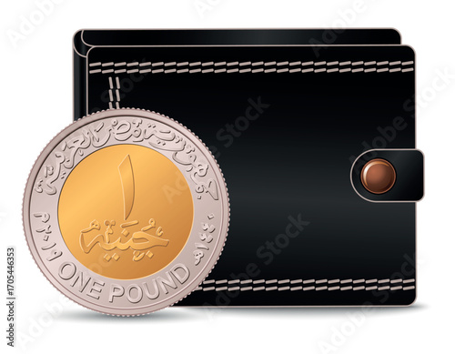 Egyptian money with a wallet in the background. 1 pound Egypt reverse. A 1 pound coin next to the wallet.