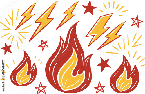 A vibrant set of hot fire flames, burning vectors, and fiery symbols