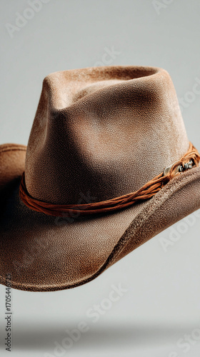 Portrait of a brown cowboy hat made of leather with a loop of accessories in the middle. Shot of a floating object, white background in a photo studio.