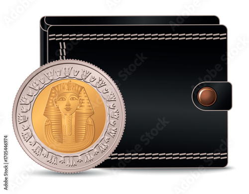 Egyptian money with a wallet in the background. 1 pound Pharaoh design. A 1 pound coin next to the wallet.