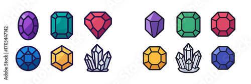 Assortment of colorful faceted gems and natural crystal formations for game assets and UI design