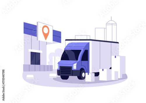 Cargo delivery by truck. Shipment or loading of freight in lorry in warehouse. Export and import of products by transport. Logistics concept. Flat isolated vector illustration on white background