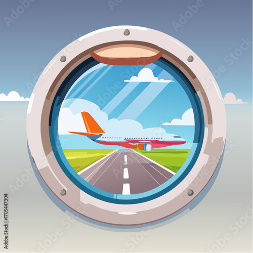 Airplane and airport. Vector illustration of a porthole with an airplane wing