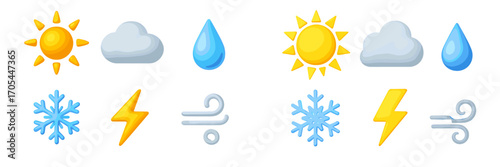 Modern set of weather forecast symbols with sun, cloud, raindrop, snowflake, lightning, and wind elements