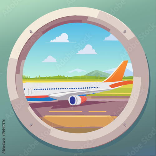 Airplane and airport. Vector illustration of a porthole with an airplane wing