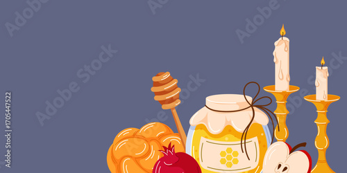 Traditional Jewish holiday Rosh Hashanah symbol challah bread, honey jar, apple, pomegranate, candles illustration on purple background in cartoon.