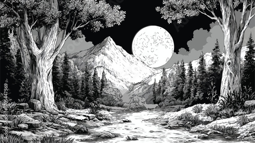 Moonlit Forest Black and White Drawing - Serene Nature Landscape Artwork