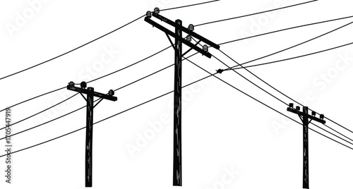 Utility poles with electrical wires, power transmission lines, clear sky background, rural electricity infrastructure, overhead cables, energy distribution system, electrical grid