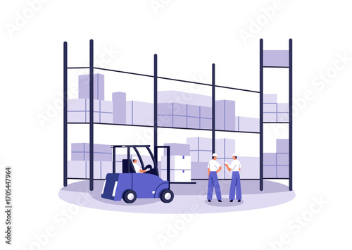 Storage workers lift boxes on shelves with forklift. Loaders are loading and shipping freight from racks in warehouse. Handyman is on lifter with cargo. Flat isolated vector illustration on white