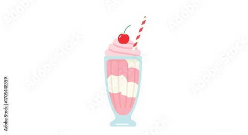 Delicious Strawberry Milkshake with Cherry and Straw.