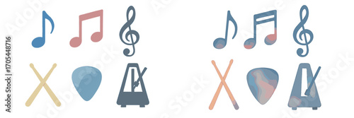 Vibrant musical notes, treble clef, drumsticks, guitar pick, and metronome with soft watercolor texture