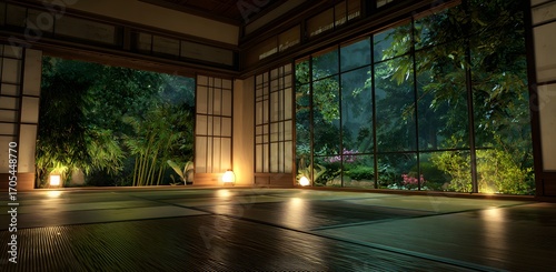 Traditional Japanese room with tatami mats and warm lantern light at night