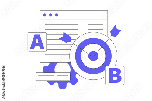 AB Testing. User Feedback, bug Fixing. Comparison Process. Mobile and Desktop App Development. AB testing. Comparison of separate wireframe applications A B. Flat Cartoon Vector Illustration, icon 