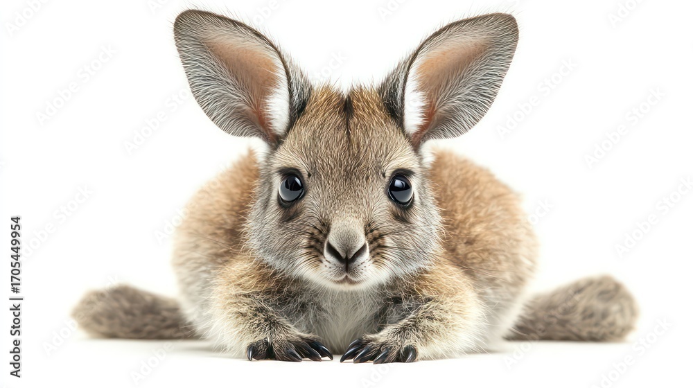 Obraz premium Baby kangaroo peeking from invisible pouch with soft ears and nose detail.