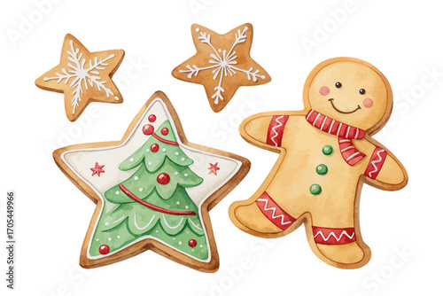 Watercolor Christmas Cookies in Star and Gingerbread Shapes