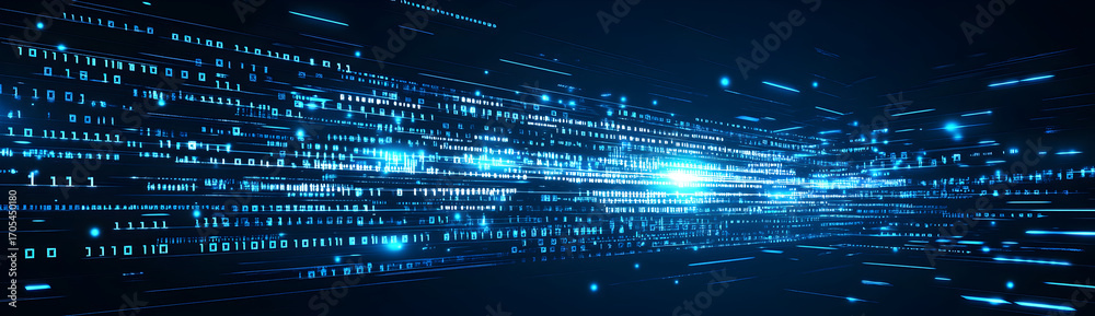 Fototapeta premium Blue futuristic background with data flow represented by horizontal glowing lines and blocks, abstract digital design for business presentation, network transfer, and IT system templates