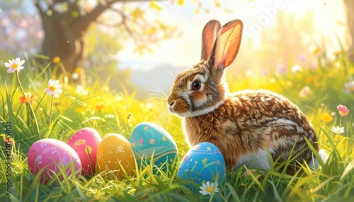 Easter Bunny with Colorful Decorated Eggs in Sunny Meadow with Blooming Flowers and Trees Illustration