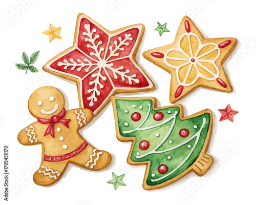 Watercolor Christmas Cookies in Star and Gingerbread Shapes