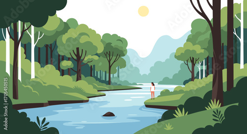 Serene River Flowing Through Lush Green Forest Landscape with Distant Mountains.