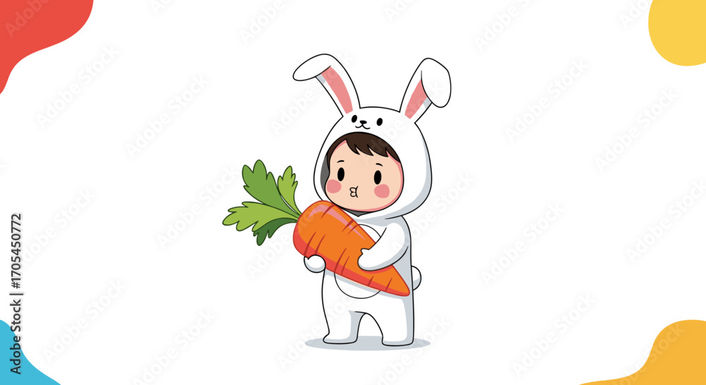 Fototapeta premium Cute baby in bunny costume holding a carrot illustration.