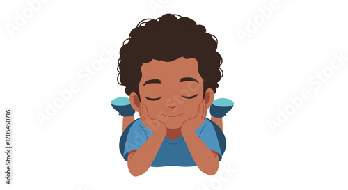 Young boy lying down with eyes closed resting his head on his hands.