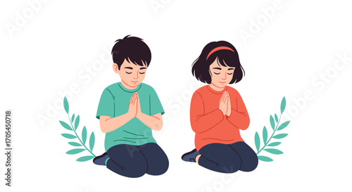 Children praying together with closed eyes and hands clasped.