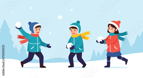 Children Having A Fun Snowball Fight In A Winter Wonderland.